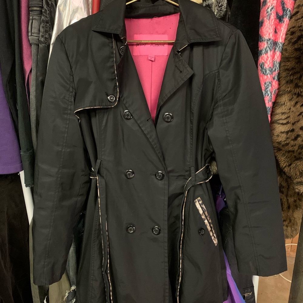 Betsey Johnson Black Trench Coat with Pink Lining